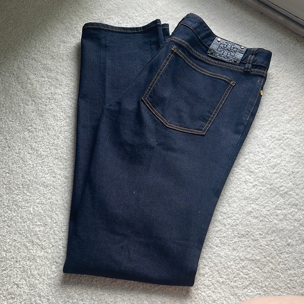 Tory Burch Navy Straight Leg Jeans with Contrast Stitching